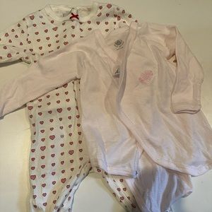 New - Petit Bateau Baby Girl Pink Striped bodysuit and heart footie 6 month 67cm